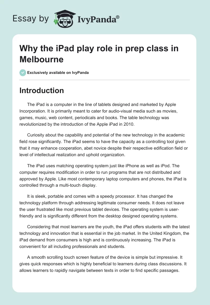 Why the iPad play role in prep class in Melbourne. Page 1