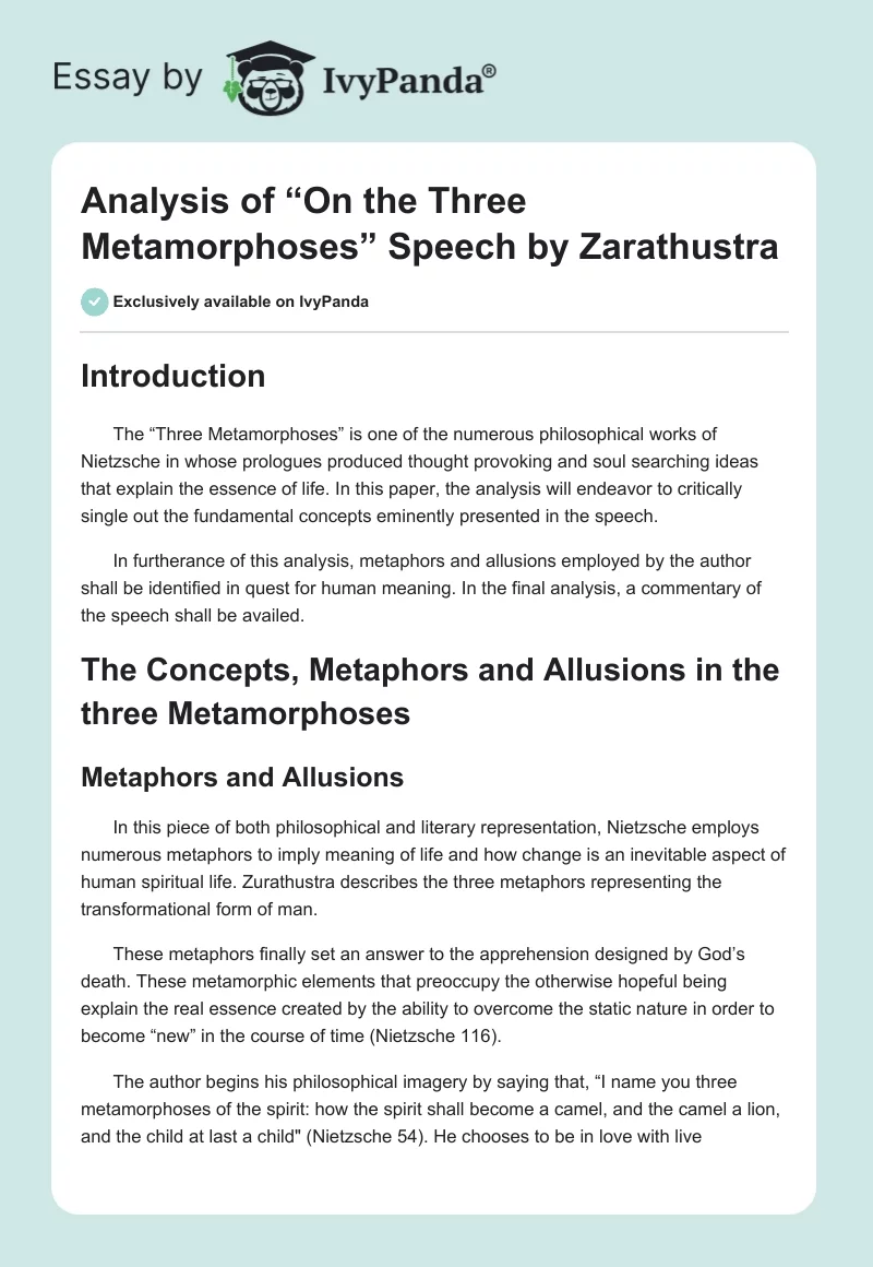 Analysis of “On the Three Metamorphoses” Speech by Zarathustra. Page 1