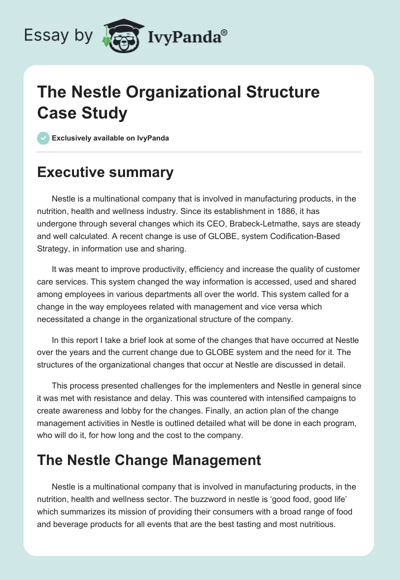 The Nestle Organizational Structure Case Study. Page 1