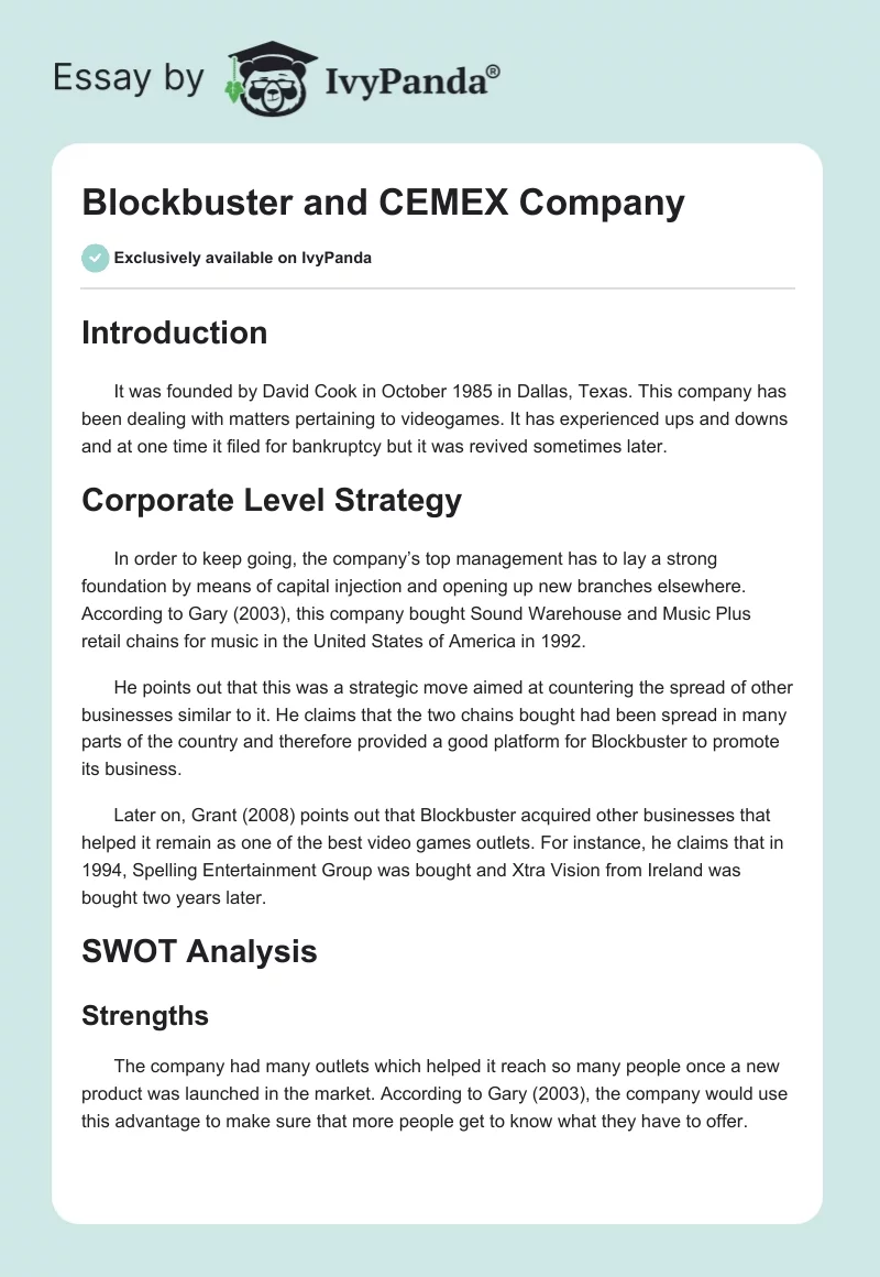 Blockbuster and CEMEX Company. Page 1
