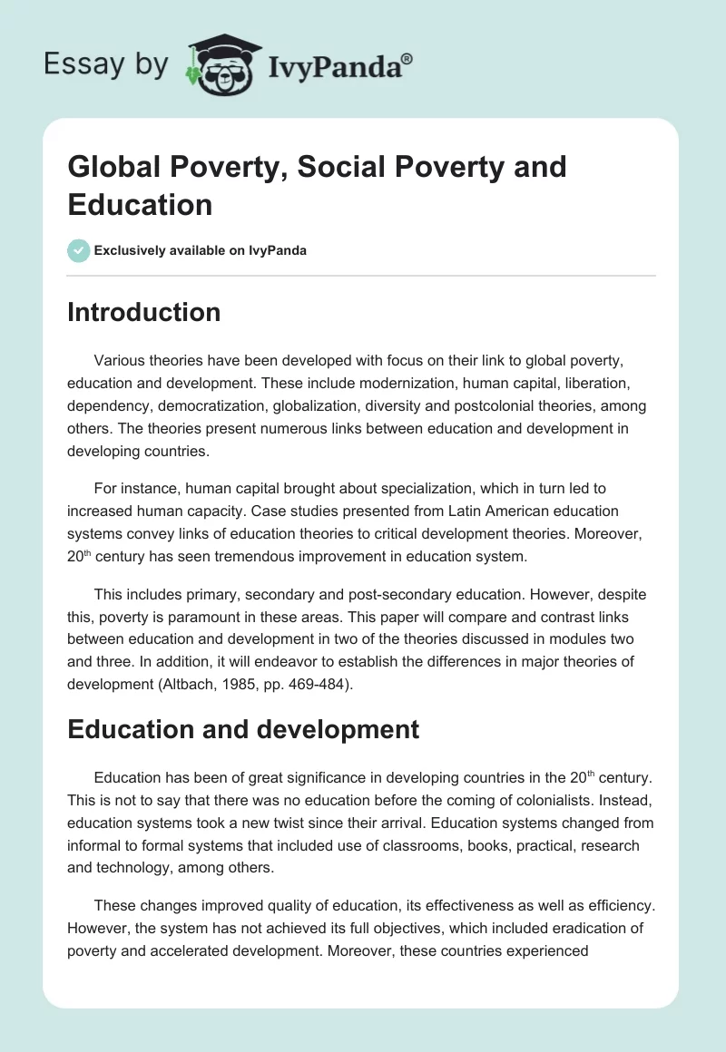 Global Poverty, Social Poverty and Education. Page 1