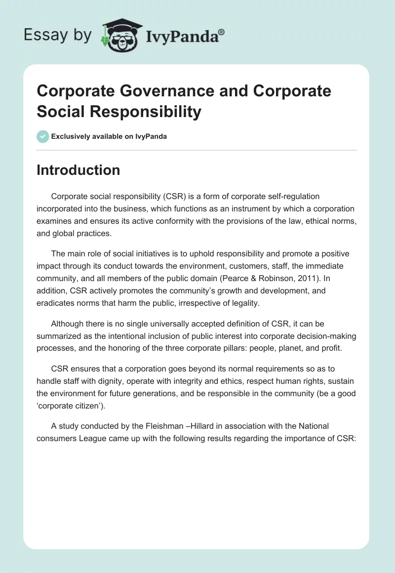 Corporate Governance and Corporate Social Responsibility. Page 1