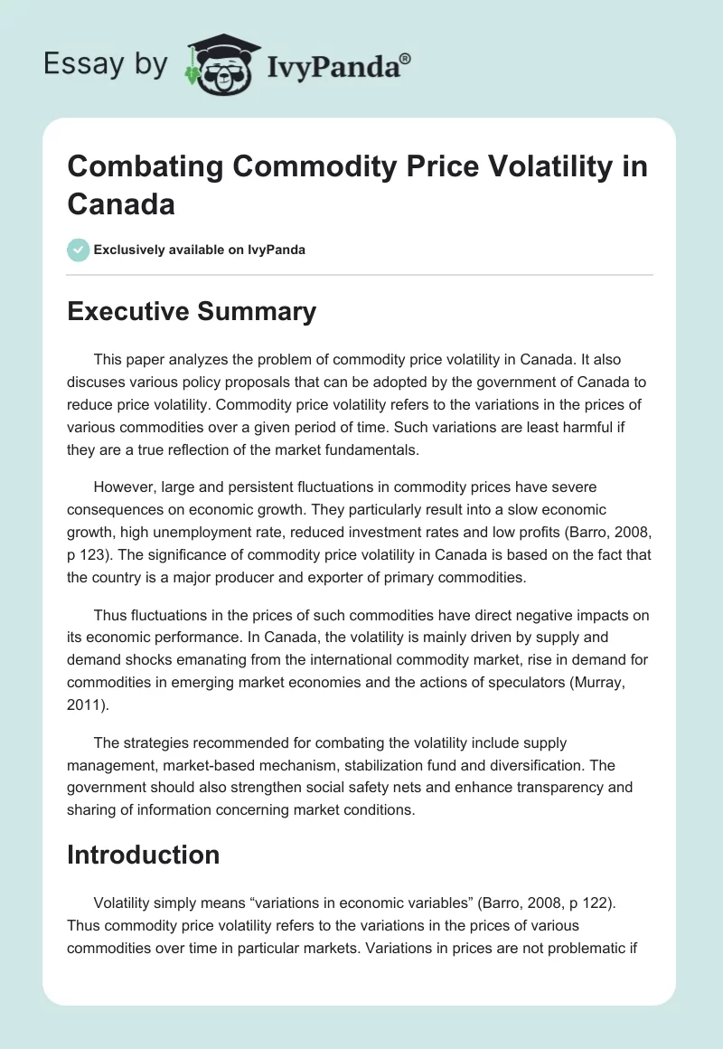 Combating Commodity Price Volatility in Canada. Page 1