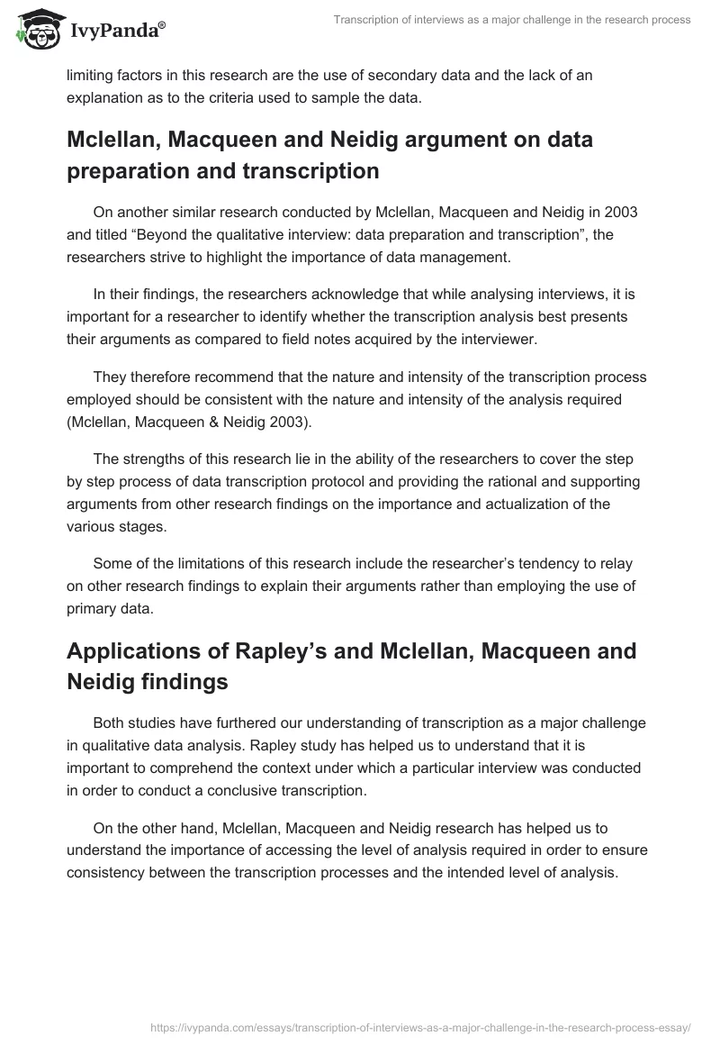 Transcription of interviews as a major challenge in the research process. Page 3