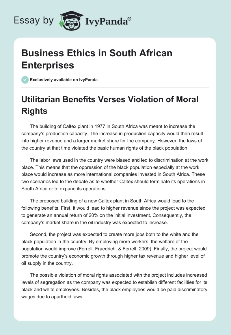 Business Ethics in South African Enterprises. Page 1