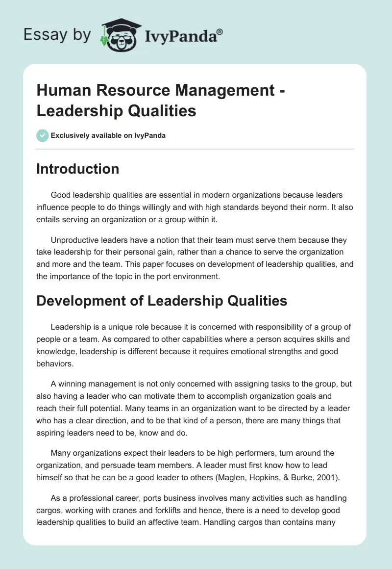 Human Resource Management - Leadership Qualities. Page 1