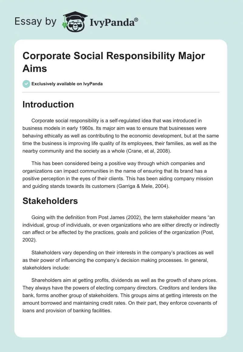 Corporate Social Responsibility Major Aims. Page 1