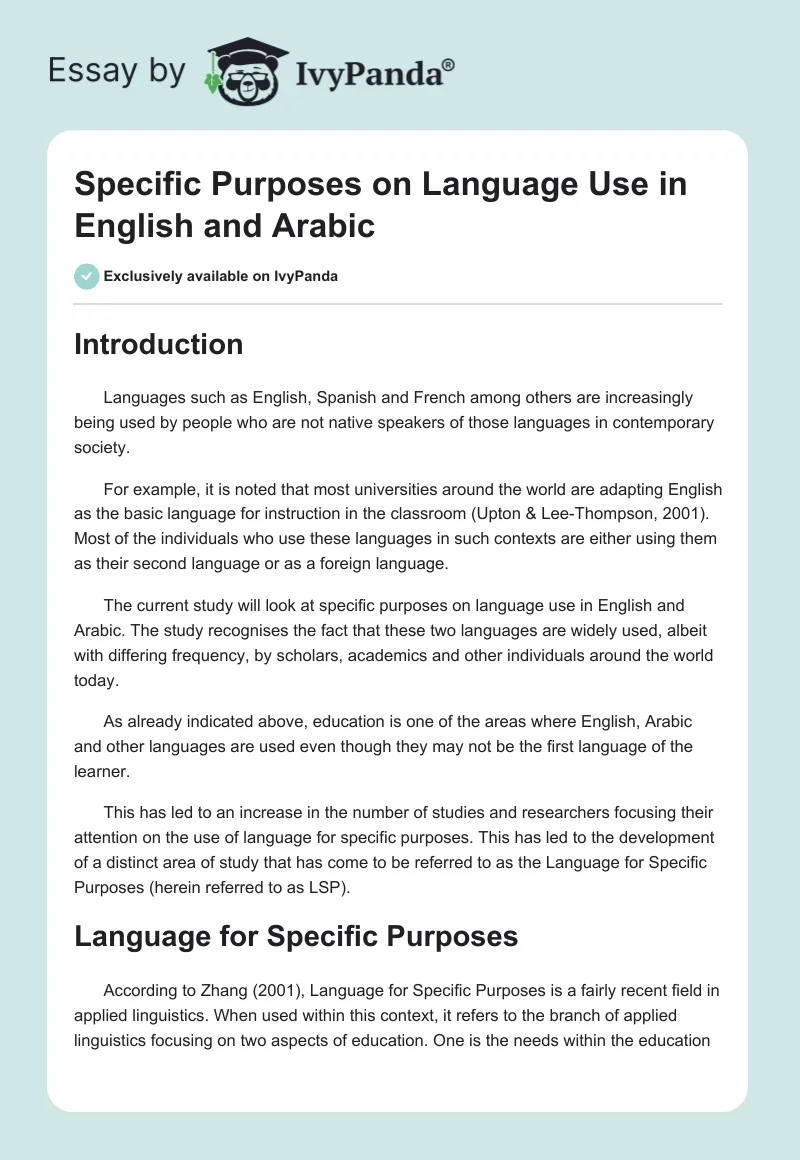 Specific Purposes on Language Use in English and Arabic. Page 1