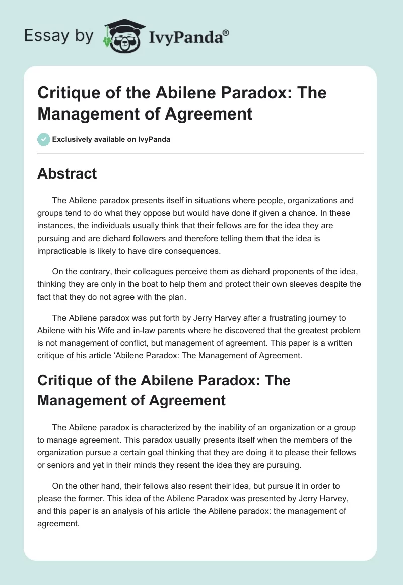 Critique of the Abilene Paradox: The Management of Agreement. Page 1