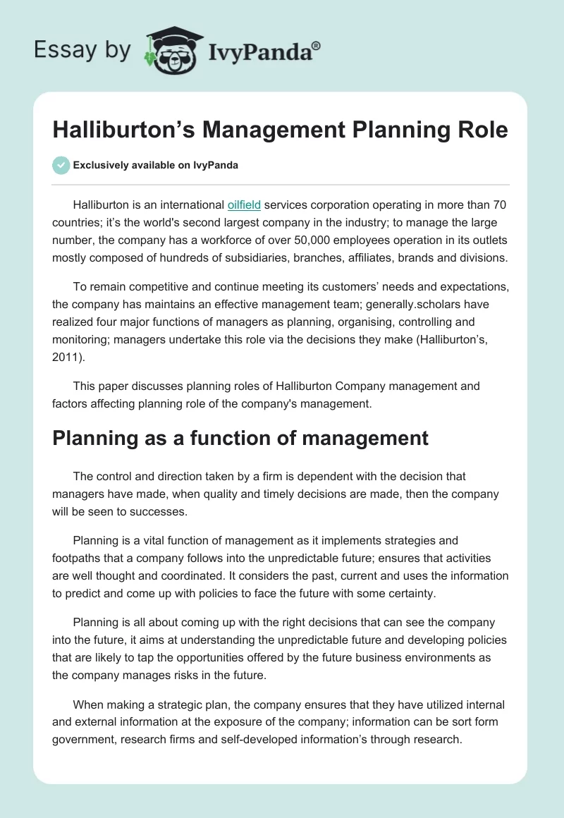 Halliburton’s Management Planning Role. Page 1