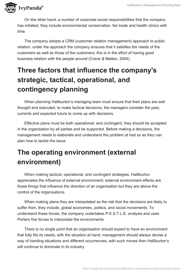 Halliburton’s Management Planning Role. Page 3