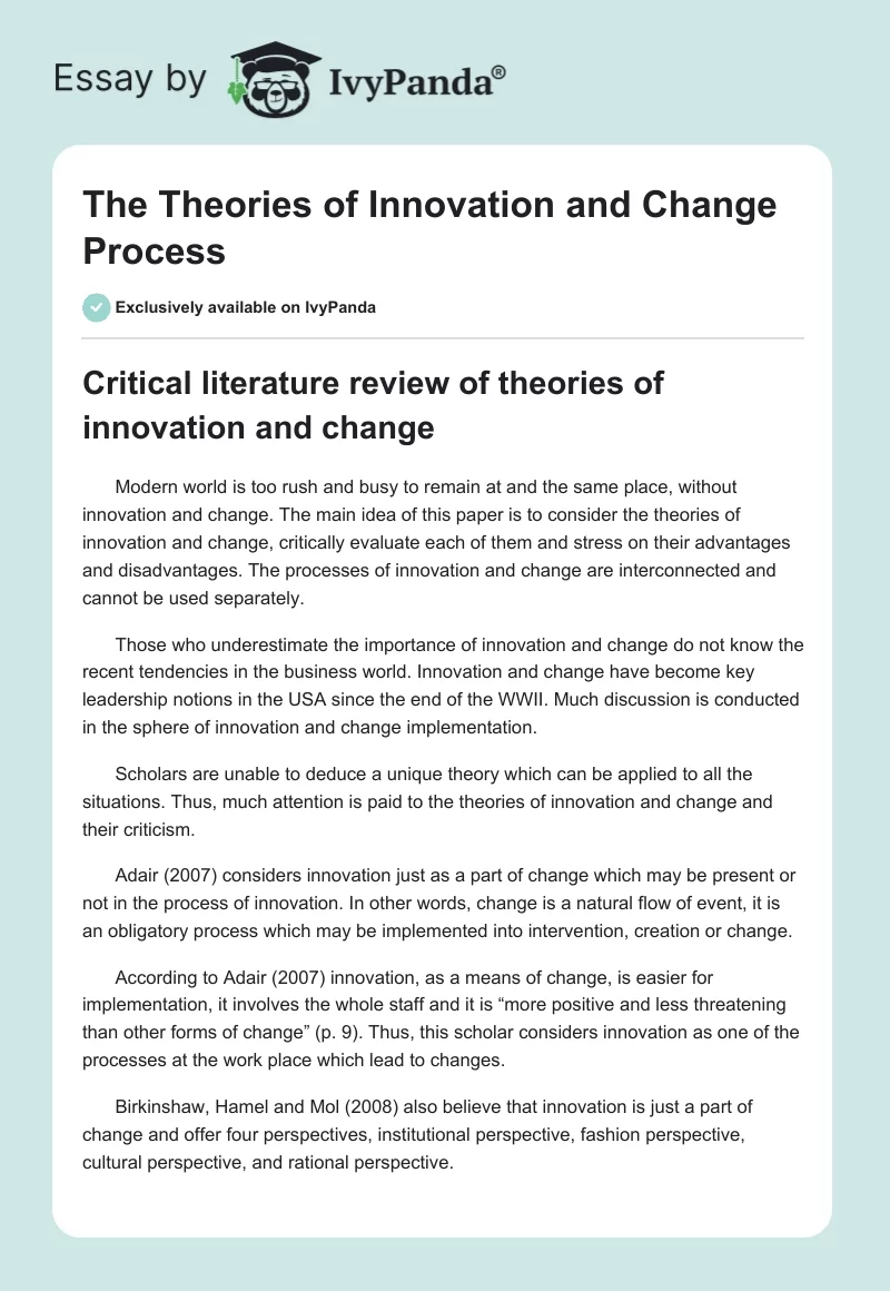 The Theories of Innovation and Change Process. Page 1
