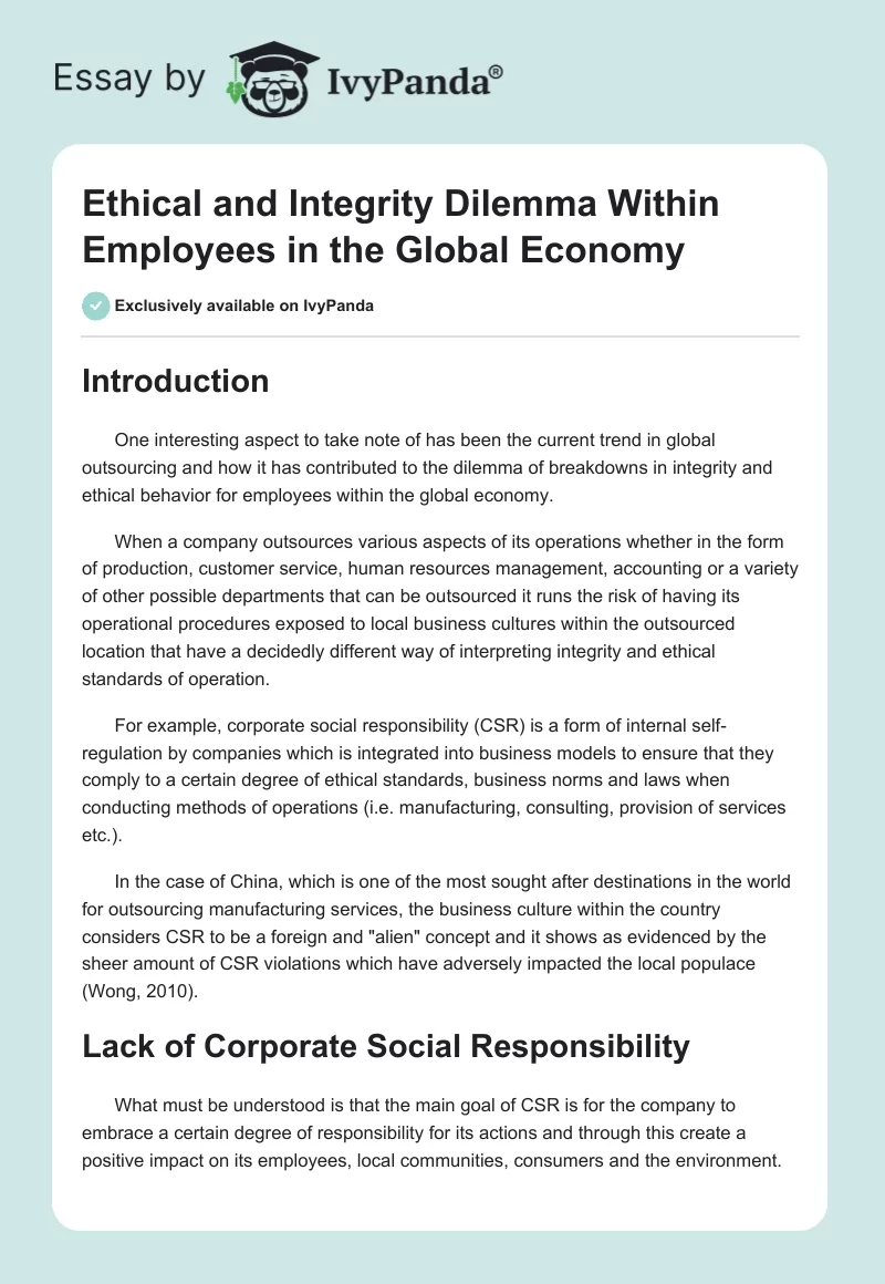 Ethical and Integrity Dilemma Within Employees in the Global Economy. Page 1