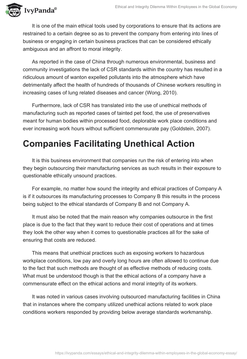 Ethical and Integrity Dilemma Within Employees in the Global Economy. Page 2