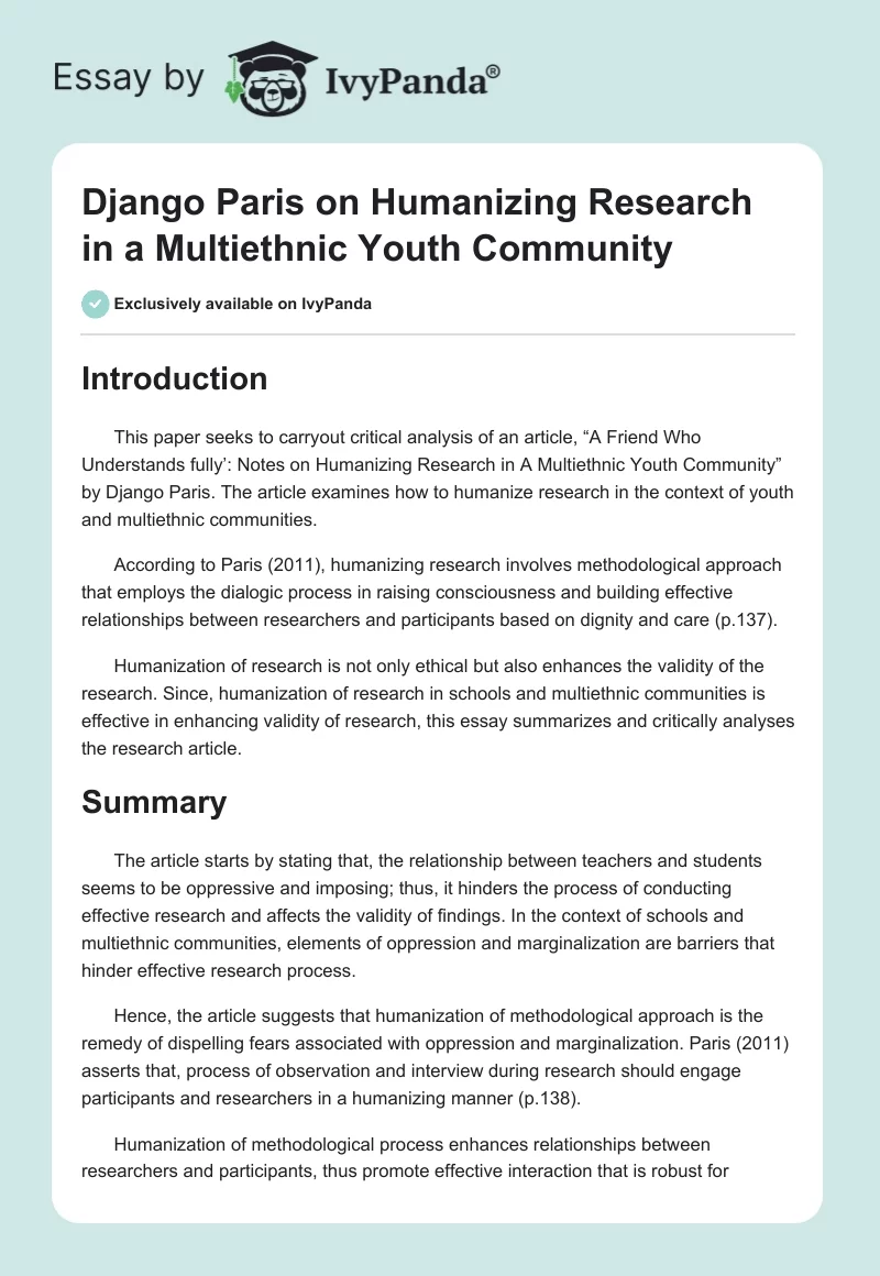 Django Paris on Humanizing Research in a Multiethnic Youth Community. Page 1