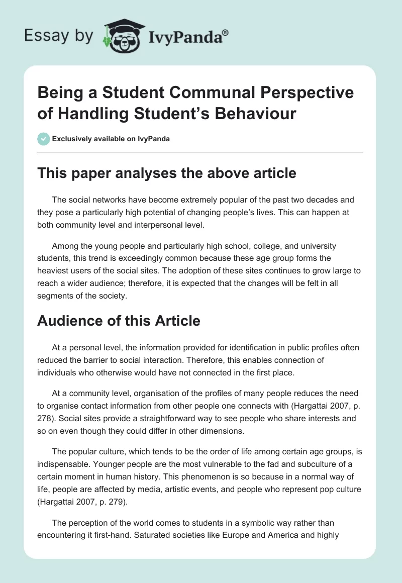 Being a Student Communal Perspective of Handling Student’s Behaviour. Page 1
