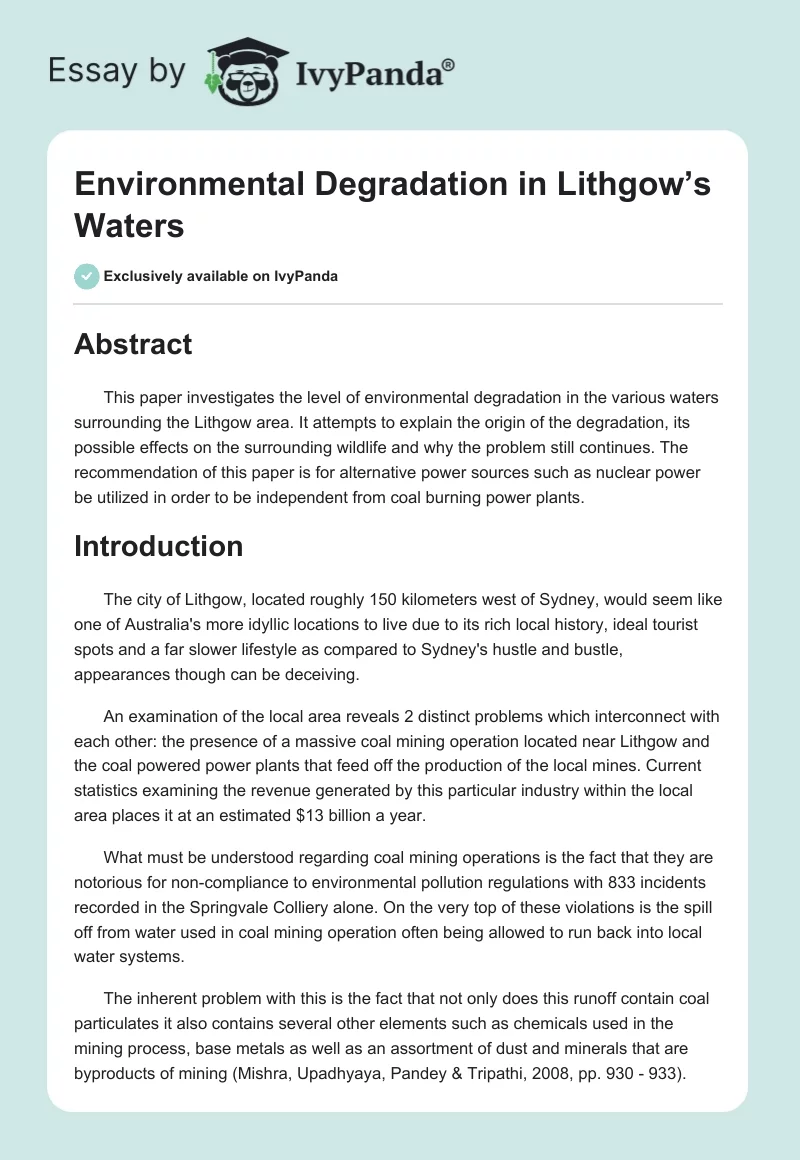 Environmental Degradation in Lithgow’s Waters. Page 1