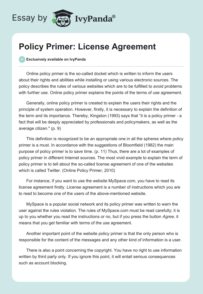 Policy Primer: License Agreement. Page 1