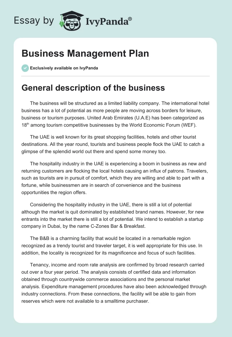 Business Management Plan. Page 1