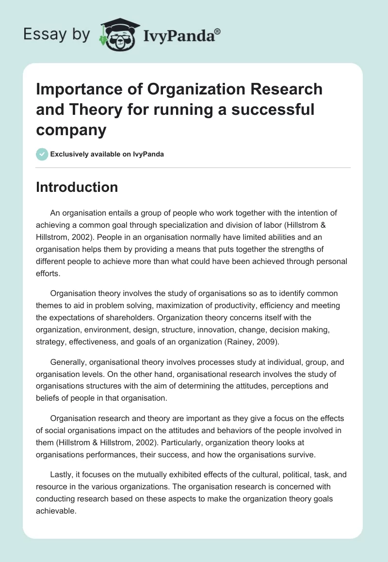 Importance of Organization Research and Theory for running a successful company. Page 1