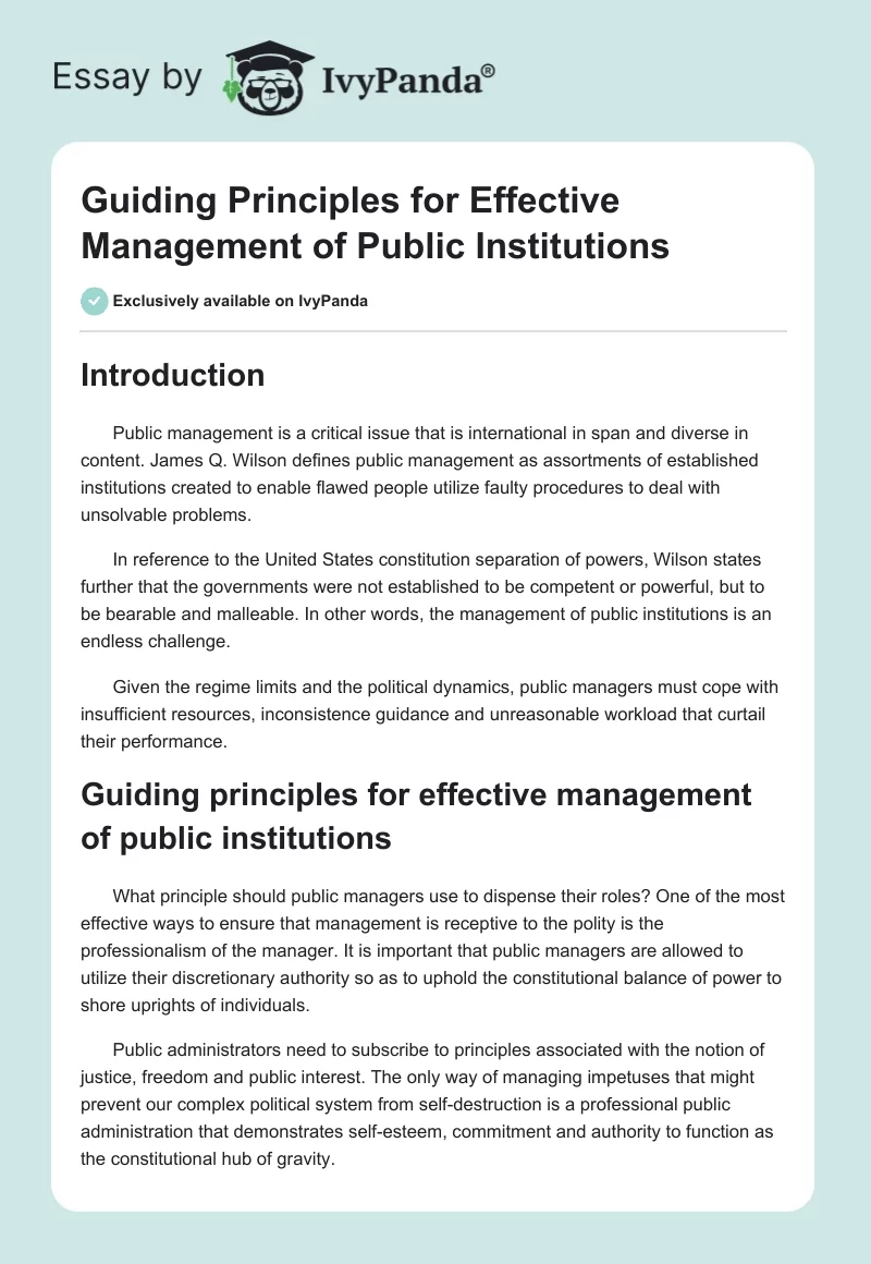 Guiding Principles for Effective Management of Public Institutions. Page 1
