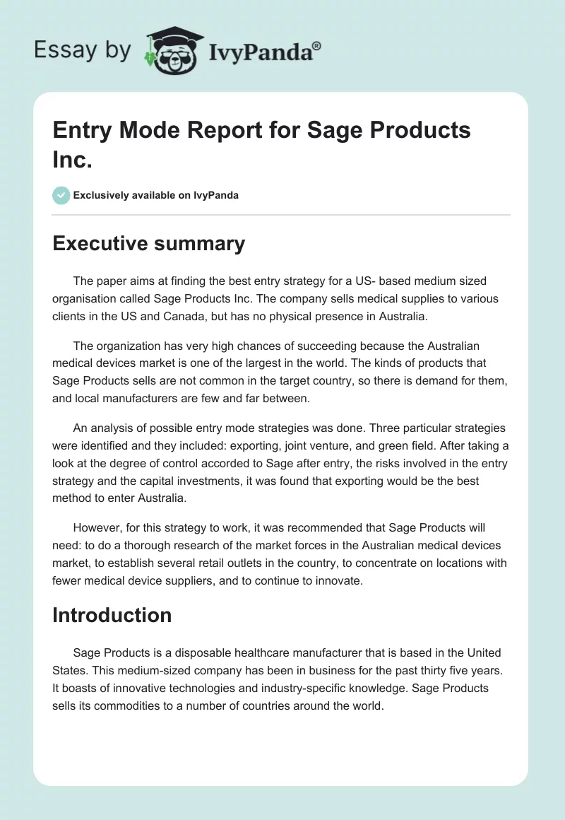 Entry Mode Report for Sage Products Inc.. Page 1