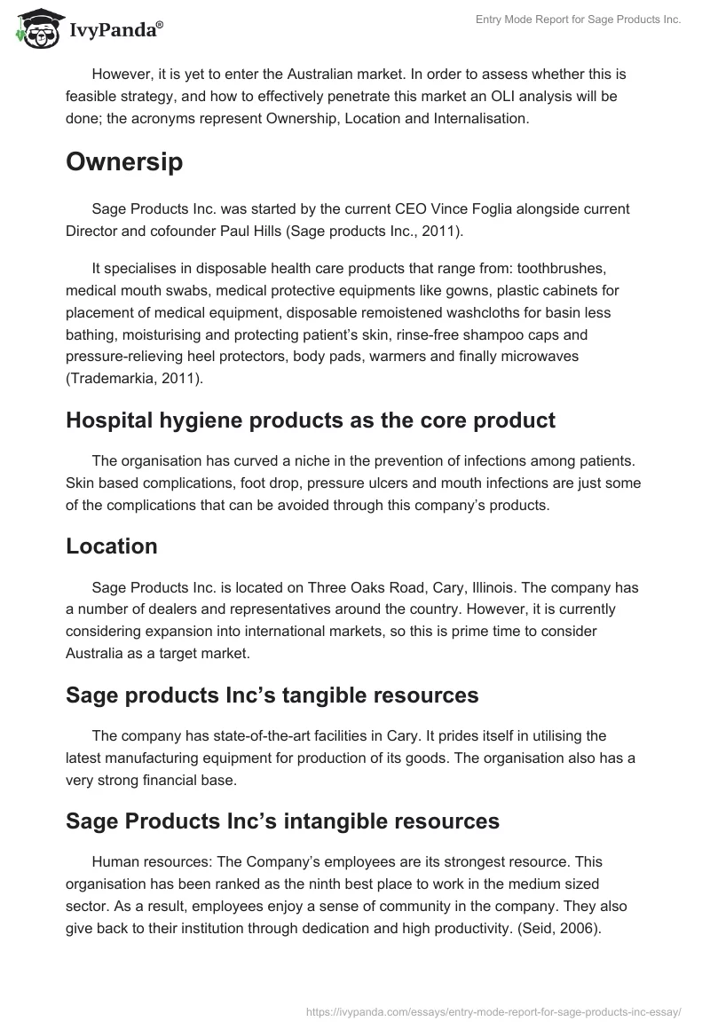 Entry Mode Report for Sage Products Inc.. Page 2