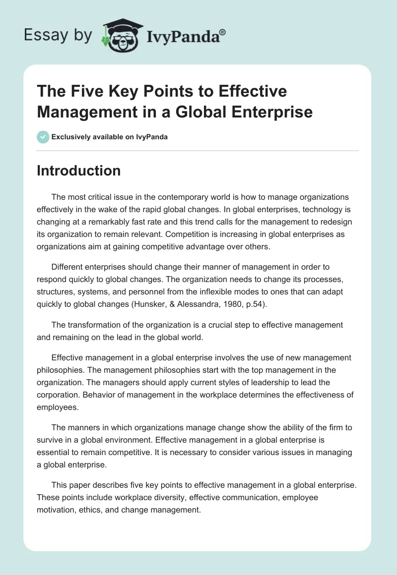 The Five Key Points to Effective Management in a Global Enterprise. Page 1
