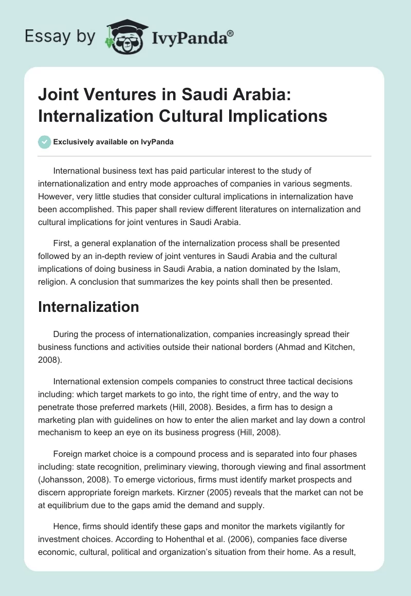 Joint Ventures in Saudi Arabia: Internalization Cultural Implications. Page 1