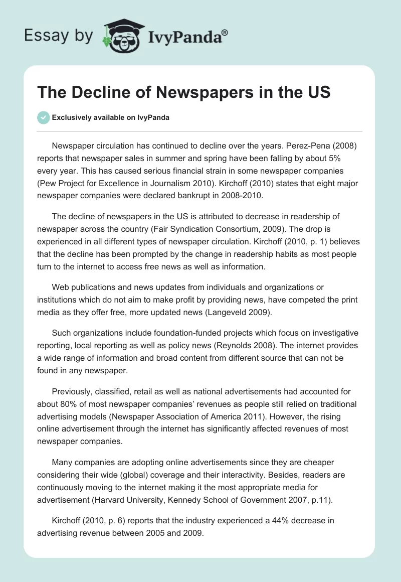 The Decline of Newspapers in the US. Page 1