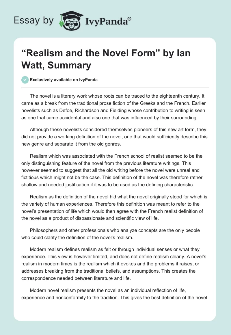 “Realism and the Novel Form” by Ian Watt, Summary. Page 1
