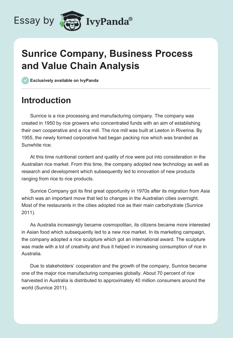 Sunrice Company, Business Process and Value Chain Analysis. Page 1
