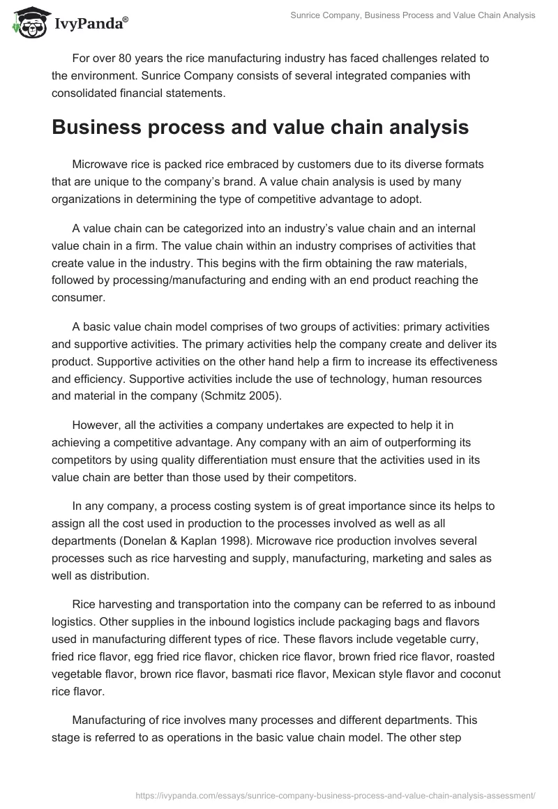 Sunrice Company, Business Process and Value Chain Analysis. Page 2