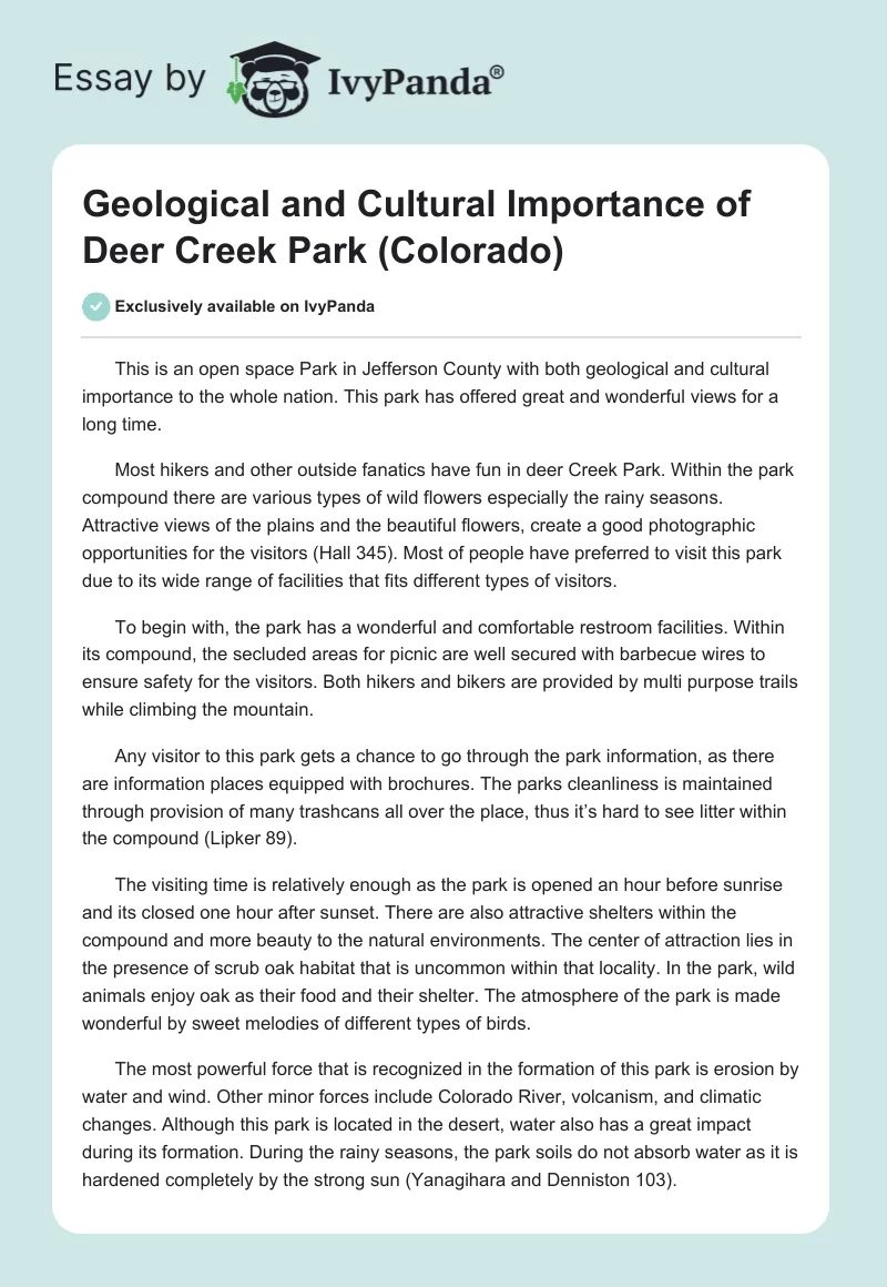 Geological and Cultural Importance of Deer Creek Park (Colorado). Page 1