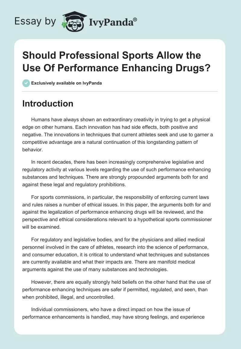 Should Professional Sports Allow the Use of Performance Enhancing Drugs?. Page 1