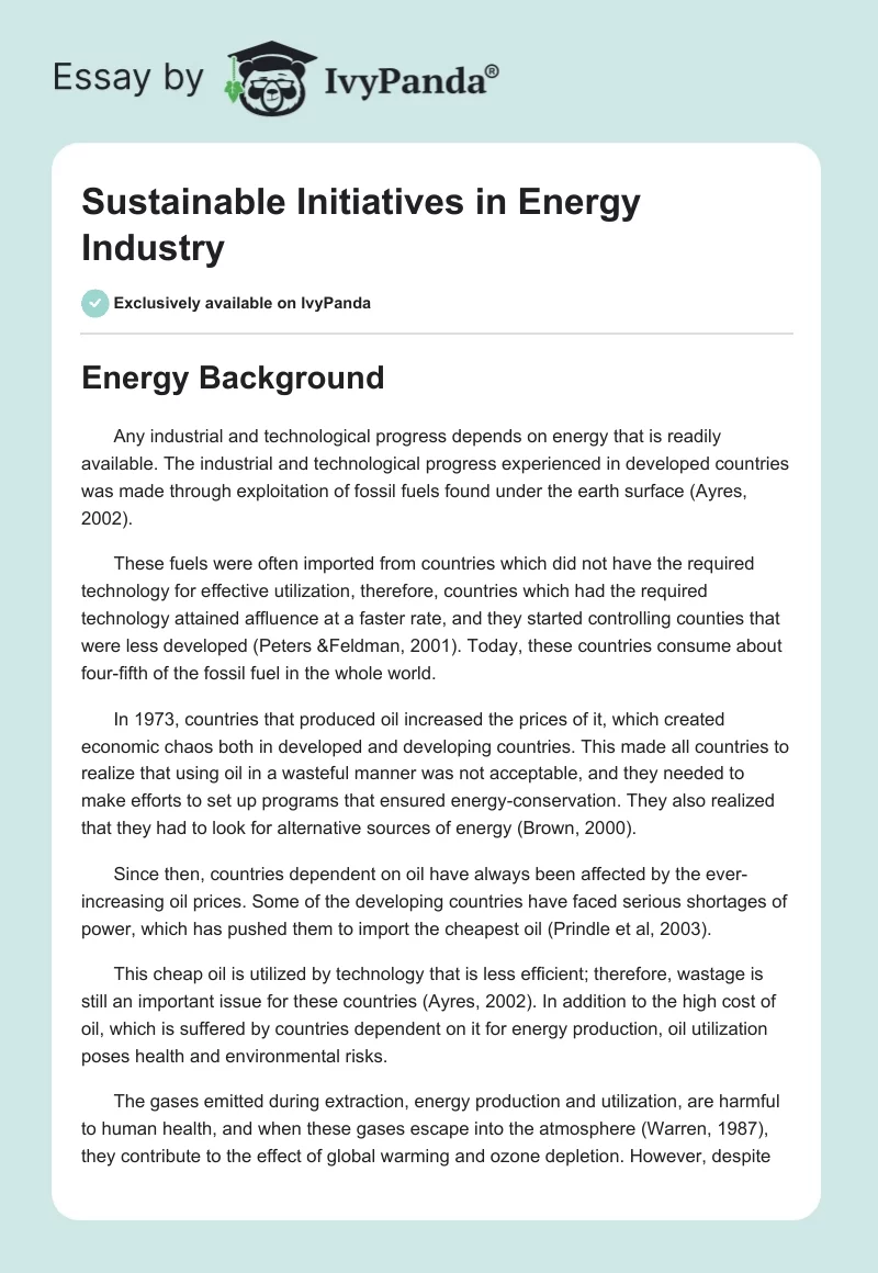 Sustainable Initiatives in Energy Industry. Page 1