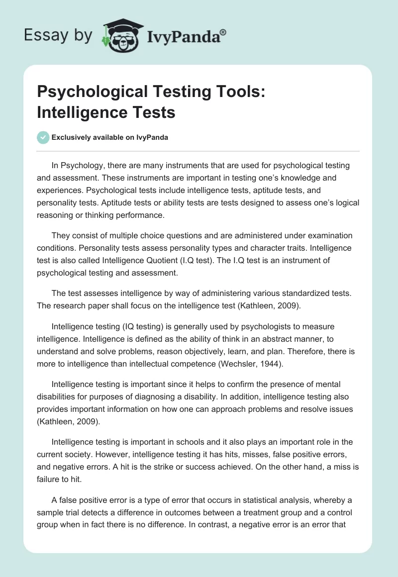 Psychological Testing Tools: Intelligence Tests. Page 1