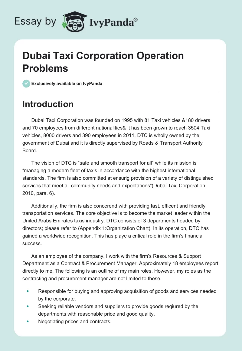 Dubai Taxi Corporation Operation Problems. Page 1