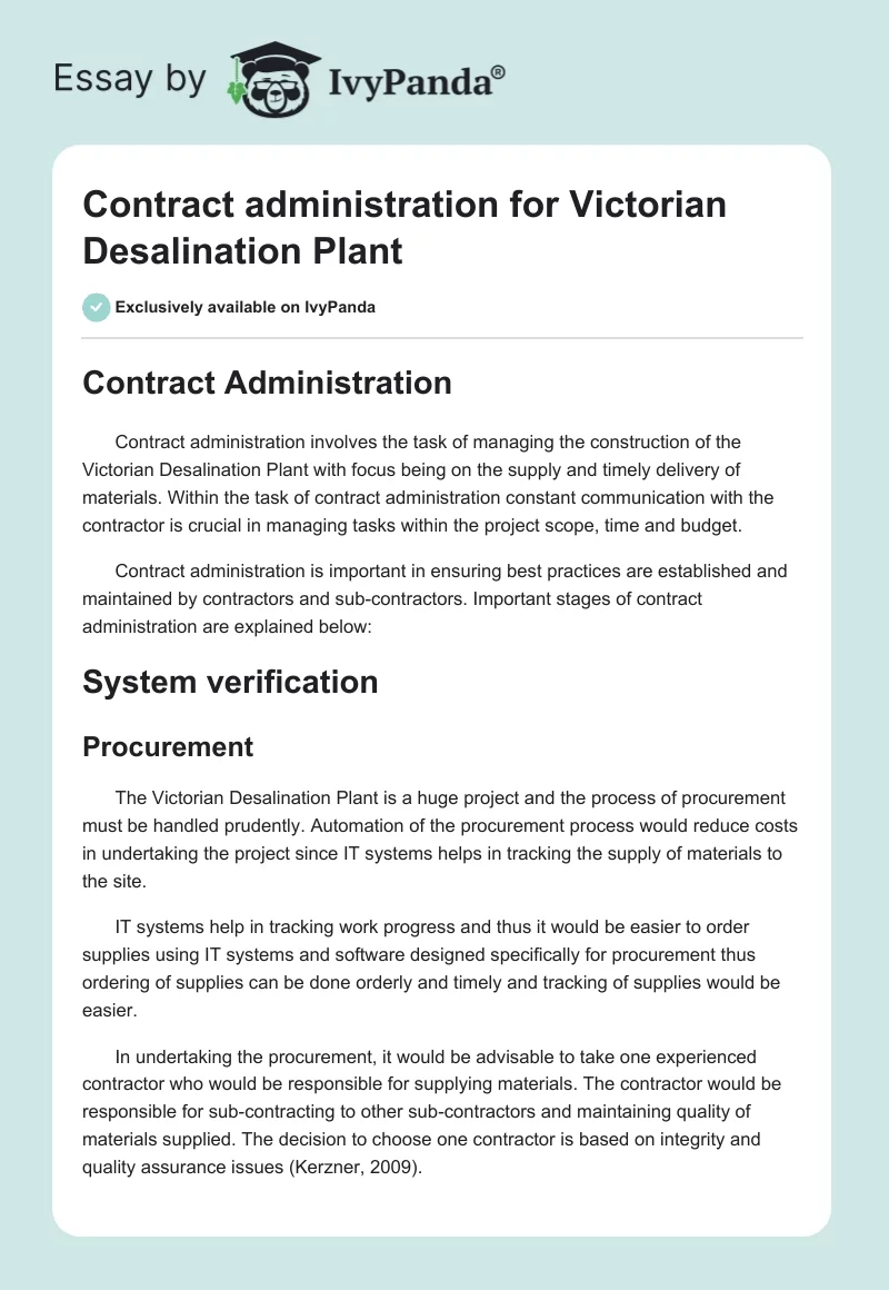 Contract administration for Victorian Desalination Plant. Page 1