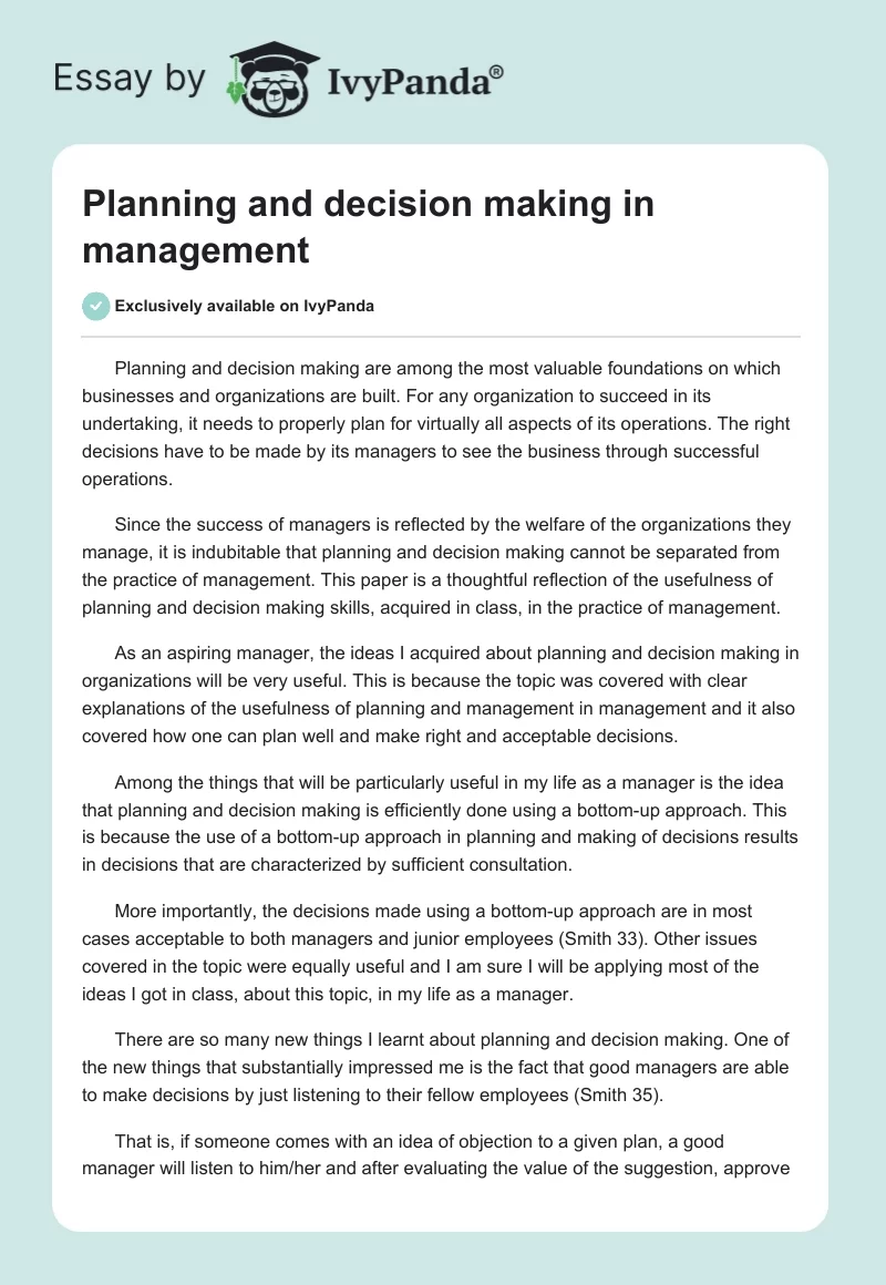 Planning and decision making in management. Page 1