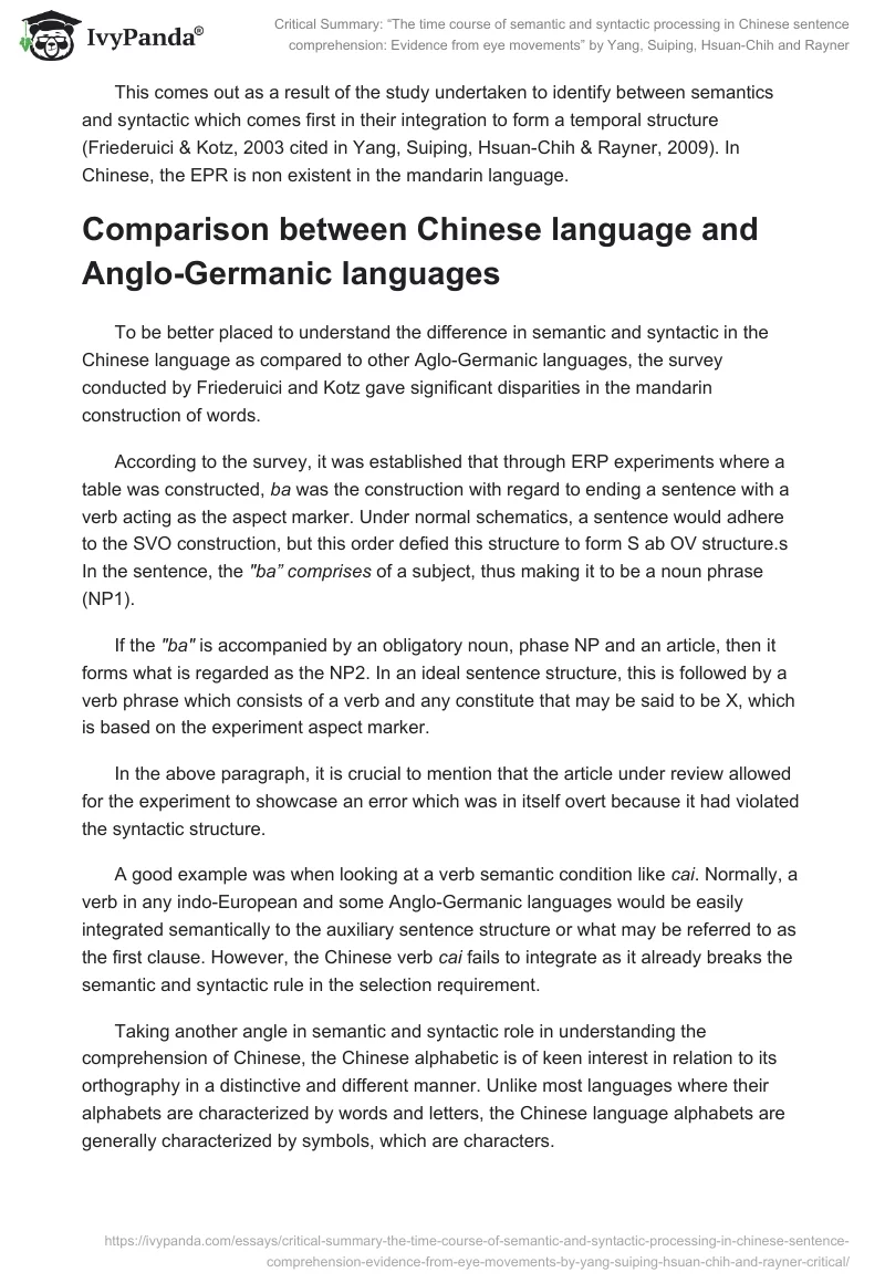 Critical Summary: “The time course of semantic and syntactic processing in Chinese sentence comprehension: Evidence from eye movements” by Yang, Suiping, Hsuan-Chih and Rayner. Page 2