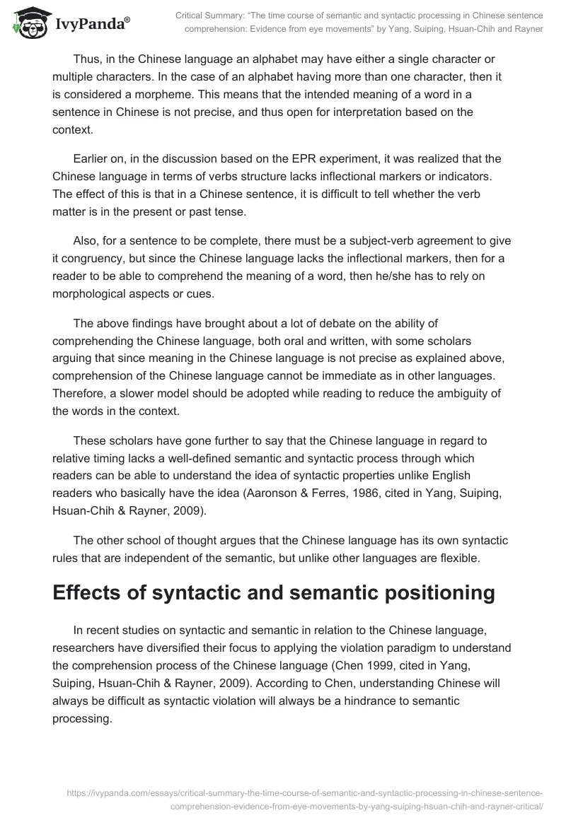 Critical Summary: “The time course of semantic and syntactic processing in Chinese sentence comprehension: Evidence from eye movements” by Yang, Suiping, Hsuan-Chih and Rayner. Page 3