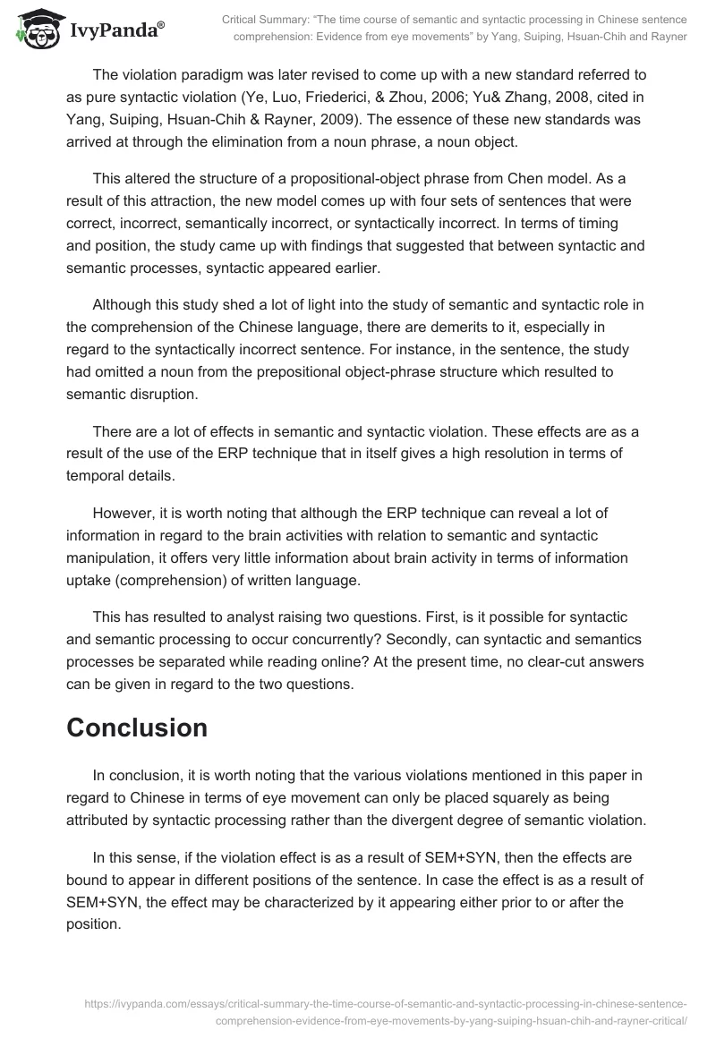 Critical Summary: “The time course of semantic and syntactic processing in Chinese sentence comprehension: Evidence from eye movements” by Yang, Suiping, Hsuan-Chih and Rayner. Page 4