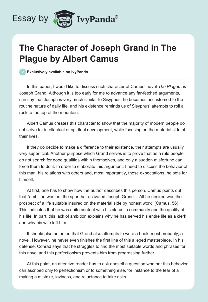 The Character of Joseph Grand in "The Plague" by Albert Camus. Page 1