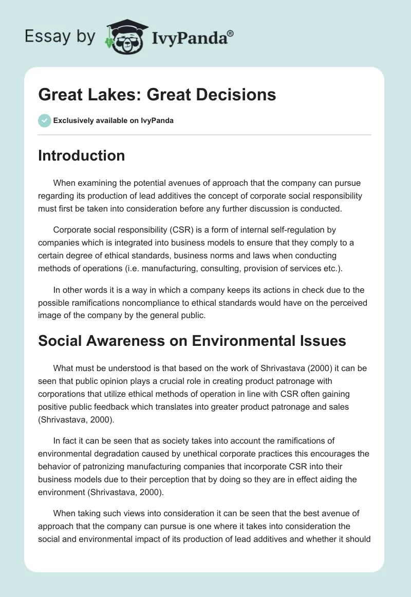 Great Lakes: Great Decisions. Page 1
