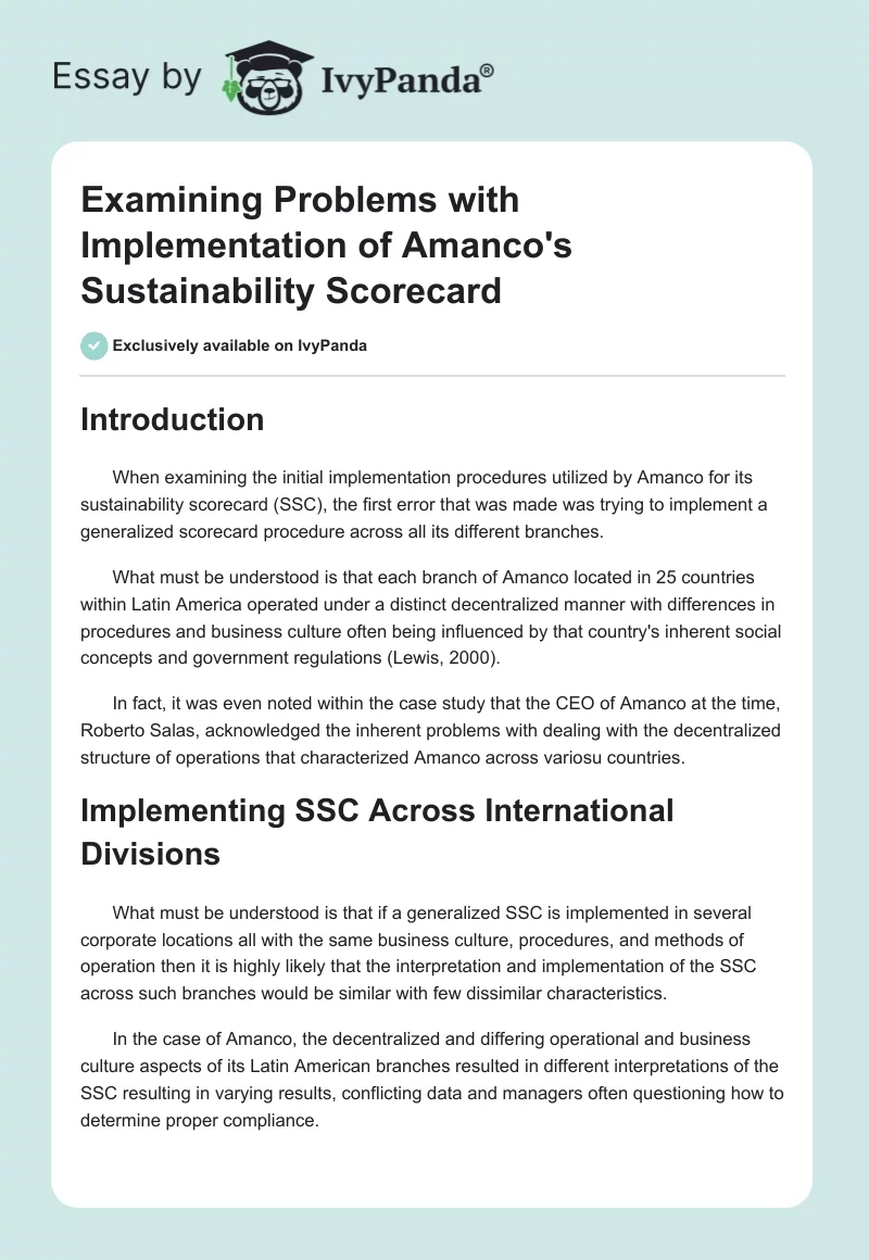 Examining Problems with Implementation of Amanco's Sustainability Scorecard. Page 1