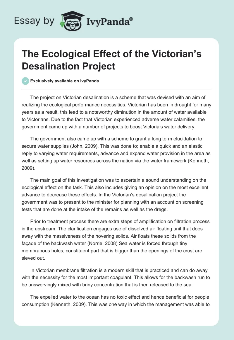 The Ecological Effect of the Victorian’s Desalination Project. Page 1
