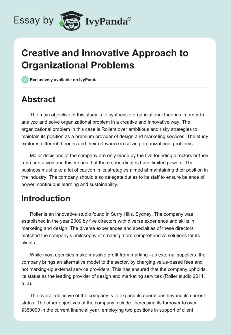 Creative and Innovative Approach to Organizational Problems. Page 1