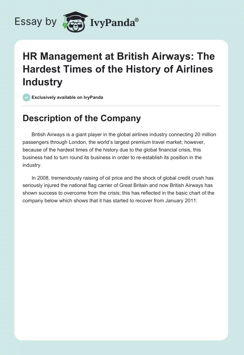 HR Management at British Airways: The Hardest Times of the History of Airlines Industry. Page 1
