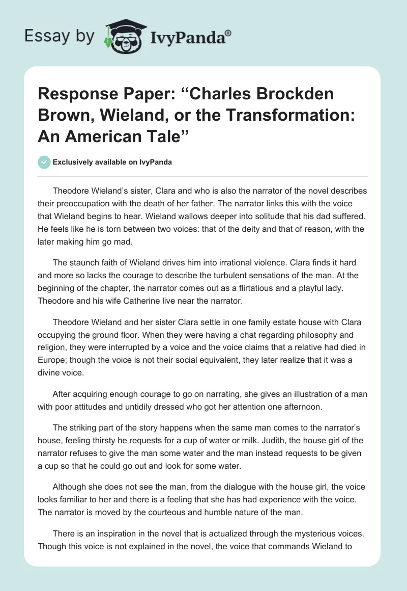 Response Paper: “Charles Brockden Brown, Wieland, or the Transformation: An American Tale”. Page 1